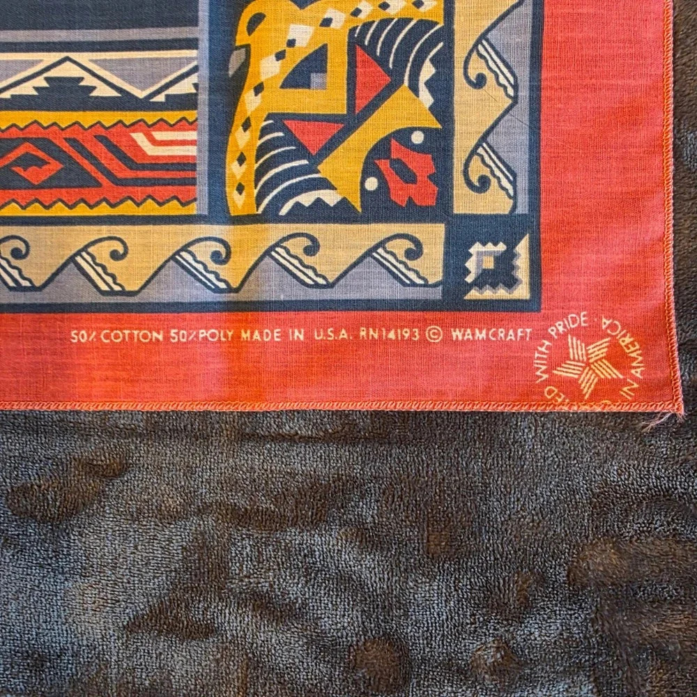 Vintage Wamcraft Bandana Southwestern Geometric Red Navy Blue Scarf Made in USA